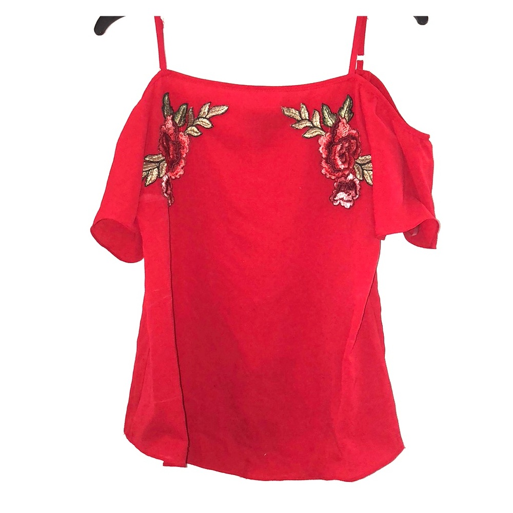 Cherry colored off the shoulder blouse